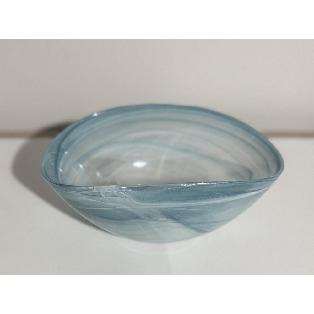 Spanish Eco Blue and White Swirl Hand Blown Art‎ Glass Bowl 7"